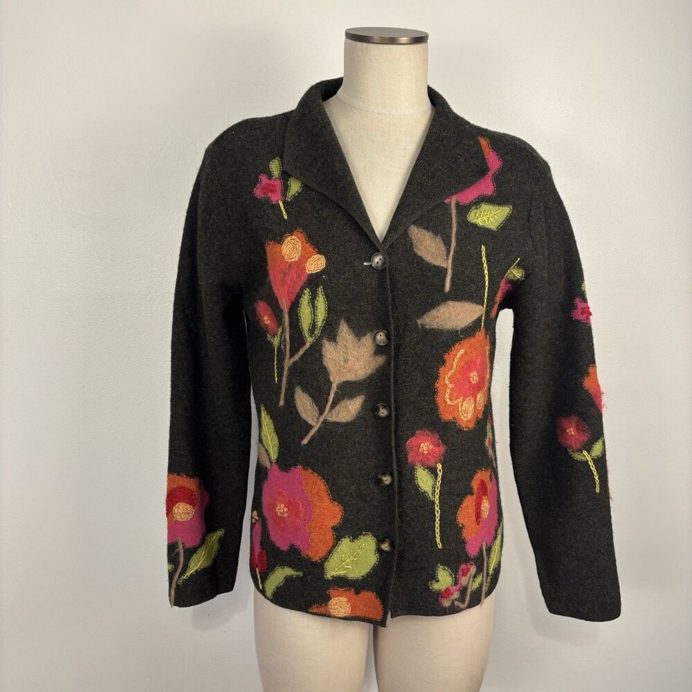 VTG Talbots Womens M Lambswool Wool Gray Bold Maximalist Floral Cardigan Sweater
